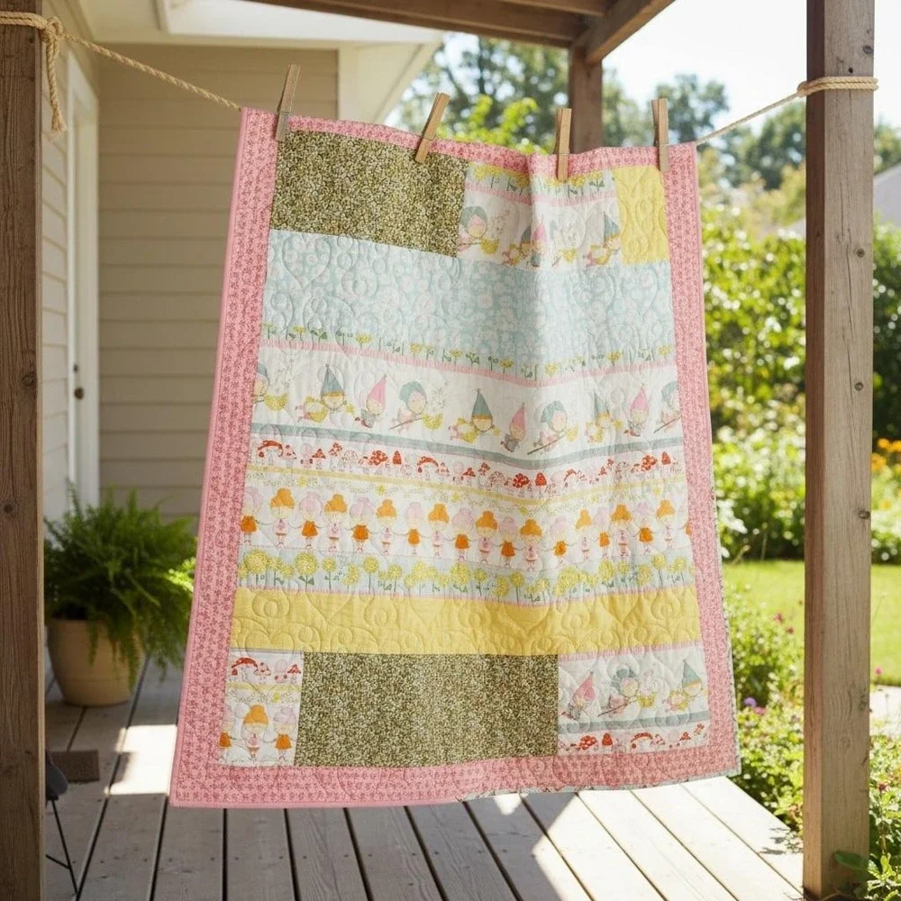 Whimsical Fairy Garden Quilt 42x46 Cottagecore Throw Blanket, Porch, Wall Decor